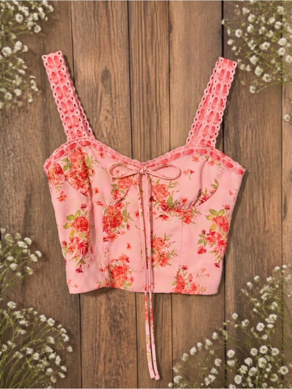 Thirty Thirty LA Pink Floral Corset Bustier Crop Top Babydoll Size Small NWOT